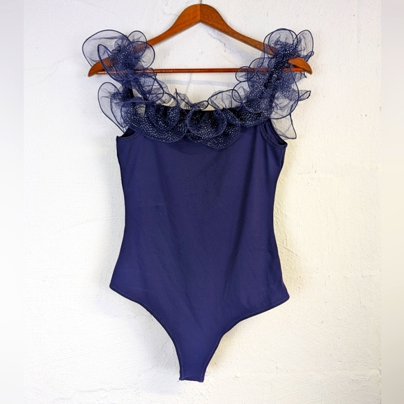 NWT Free People Intimately Haute Wired Bodysuit Womens Medium Navy Blue Ruffle - Picture 1 of 8